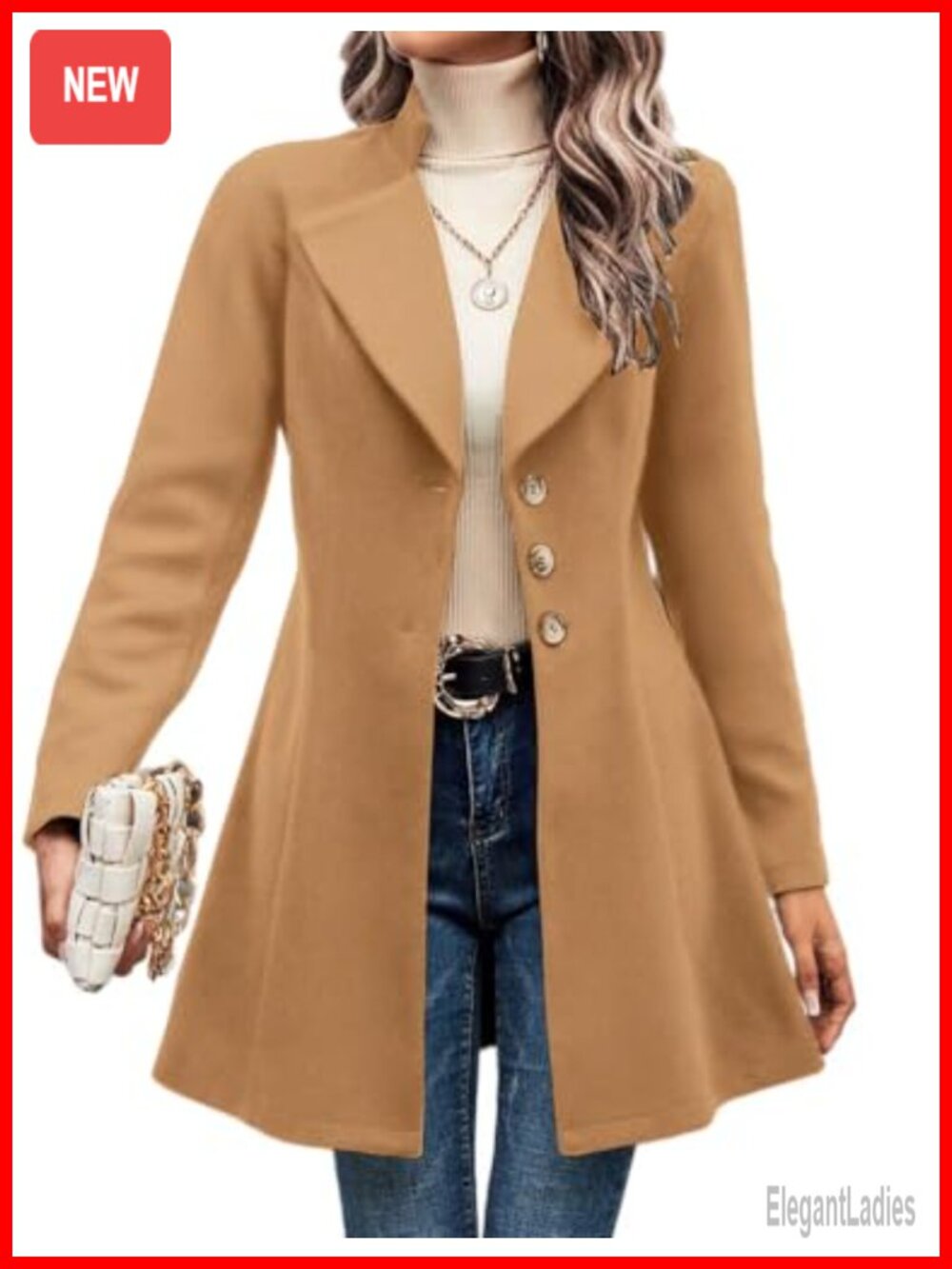 Women's Wool Blend Pea Coat Long Sleeve Notch Lapel Winter Overcoat